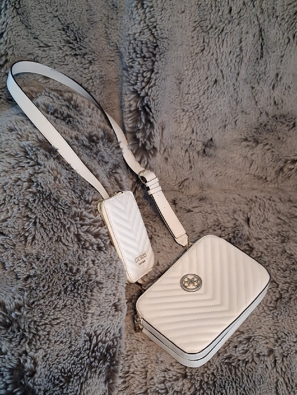 GUESS White Quilted Chevron Crossbody with Coin Pouch